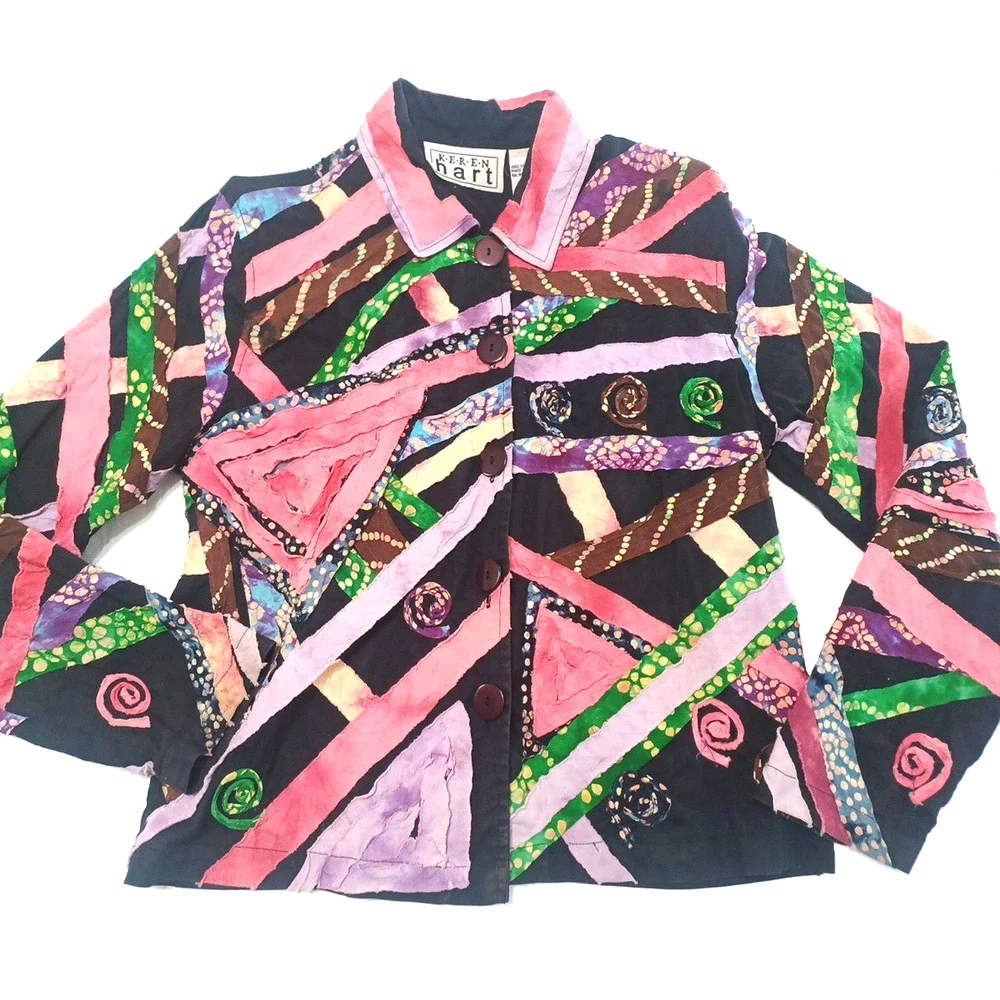 Keren Hart VTG Women's Rag Patch Button Jacket Blazer Sz S Boho Hippie *READ